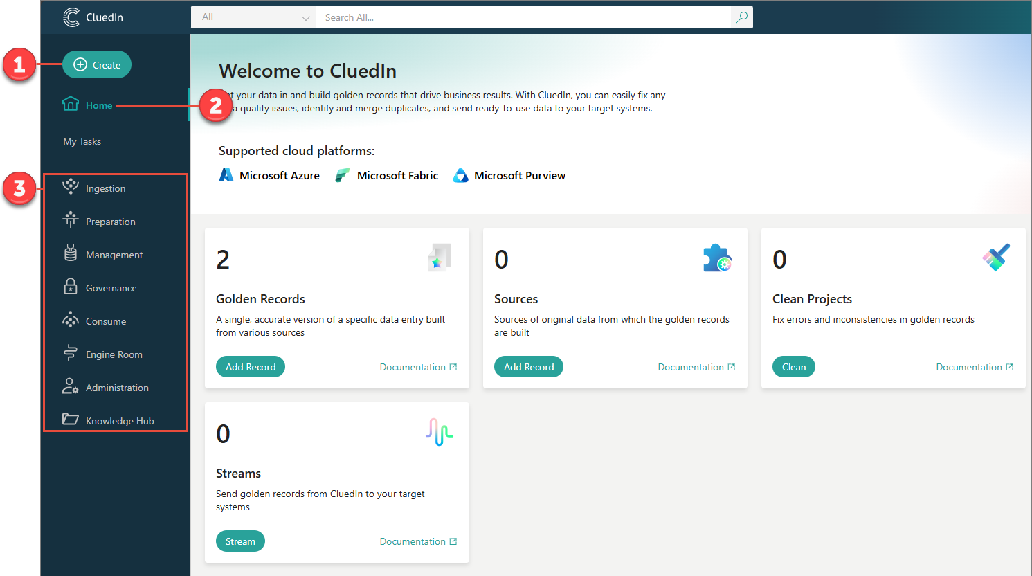 The old side menu with numbered callouts: 1 the Create button, 2 Home, 3 module groups such as Ingestion, Preparation, Management and Governance
