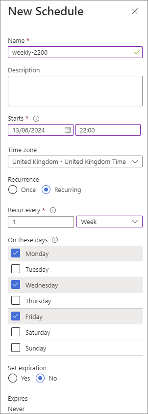 Azure New Schedule pane for a weekly-2200 backup, recurring every week at 22:00 on Monday, Wednesday and Friday