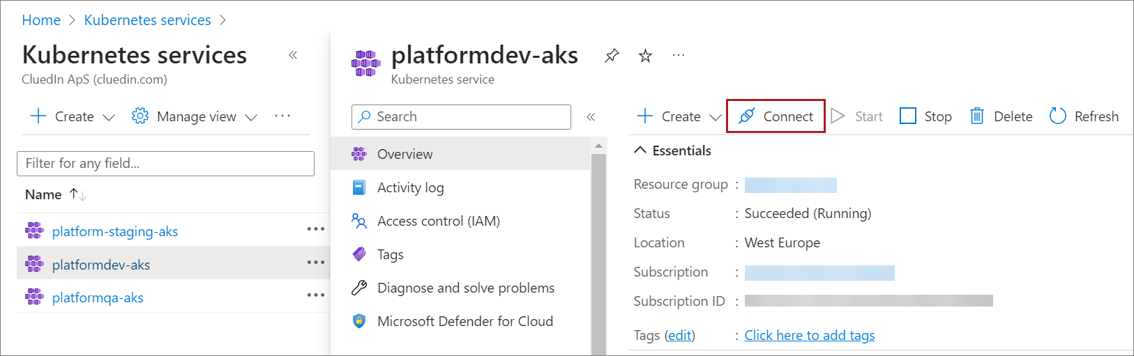 AKS resource platformdev-aks in the Azure portal with the Connect button highlighted on the menu bar