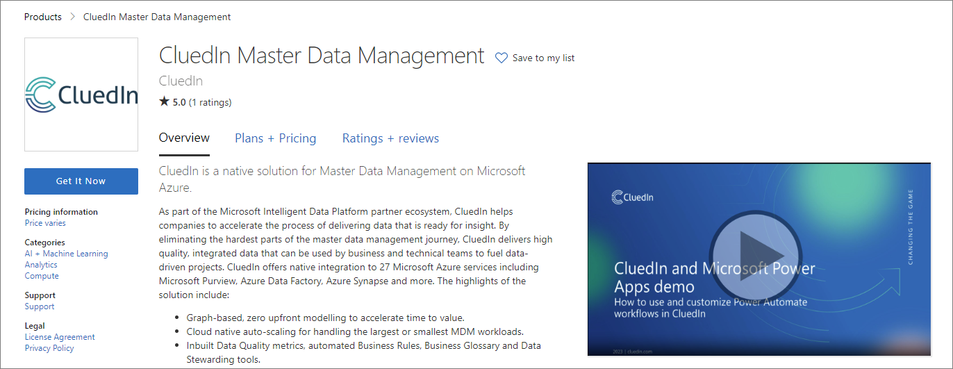 CluedIn Master Data Management page in the Azure Marketplace, with the Get It Now button below the CluedIn logo