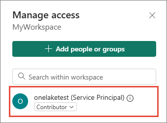 Manage access pane of the workspace with the OneLake service principal listed and assigned the Contributor role