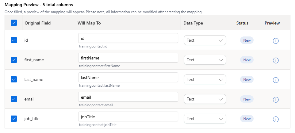 Mapping Preview listing five original fields, each mapped to a trainingcontact vocabulary key with the Text data type and New status