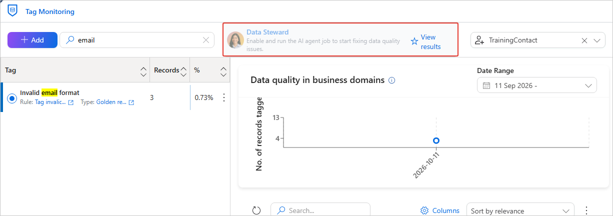 The Tag Monitoring page with the Data Steward AI agent job label highlighted in the upper-right corner, with a View results link