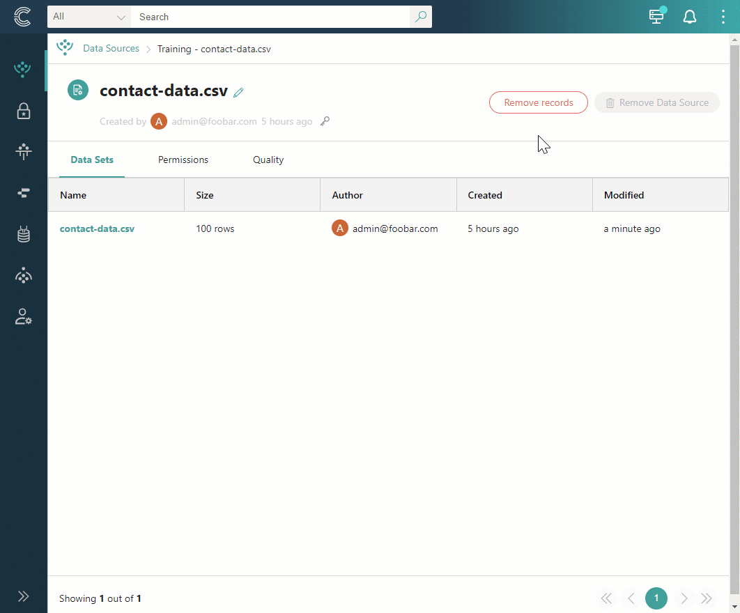Animation: selecting Remove records on the data source page, entering REMOVE in the Remove processed records dialog, and confirming