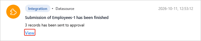 A notification that the Employees-1 submission has finished and 3 records were sent to approval, with View highlighted