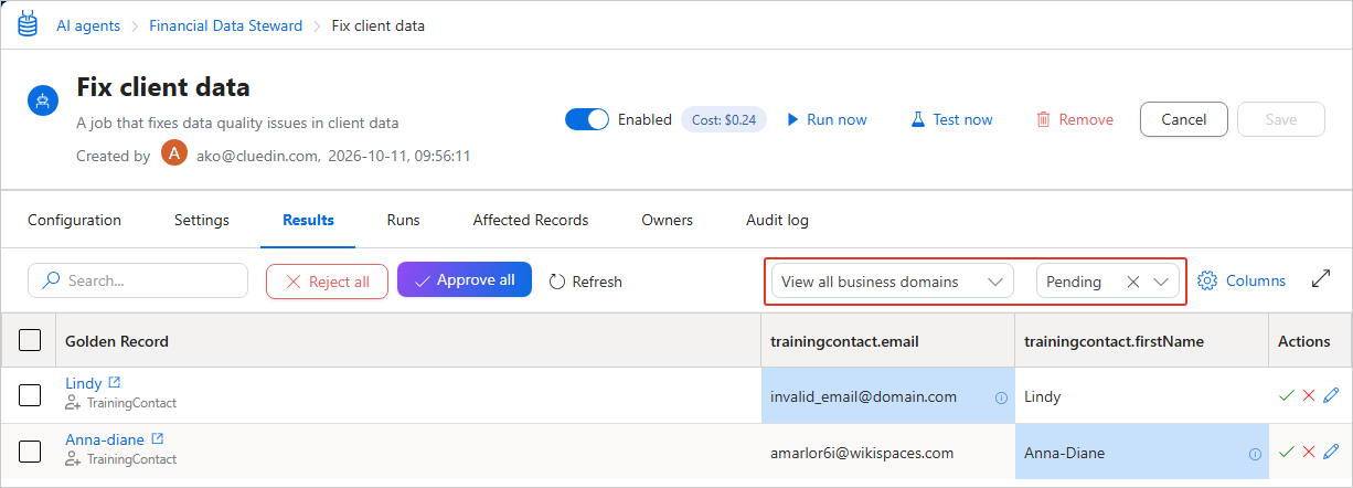 The Results tab with the business domain filter and the status filter, set to Pending, highlighted