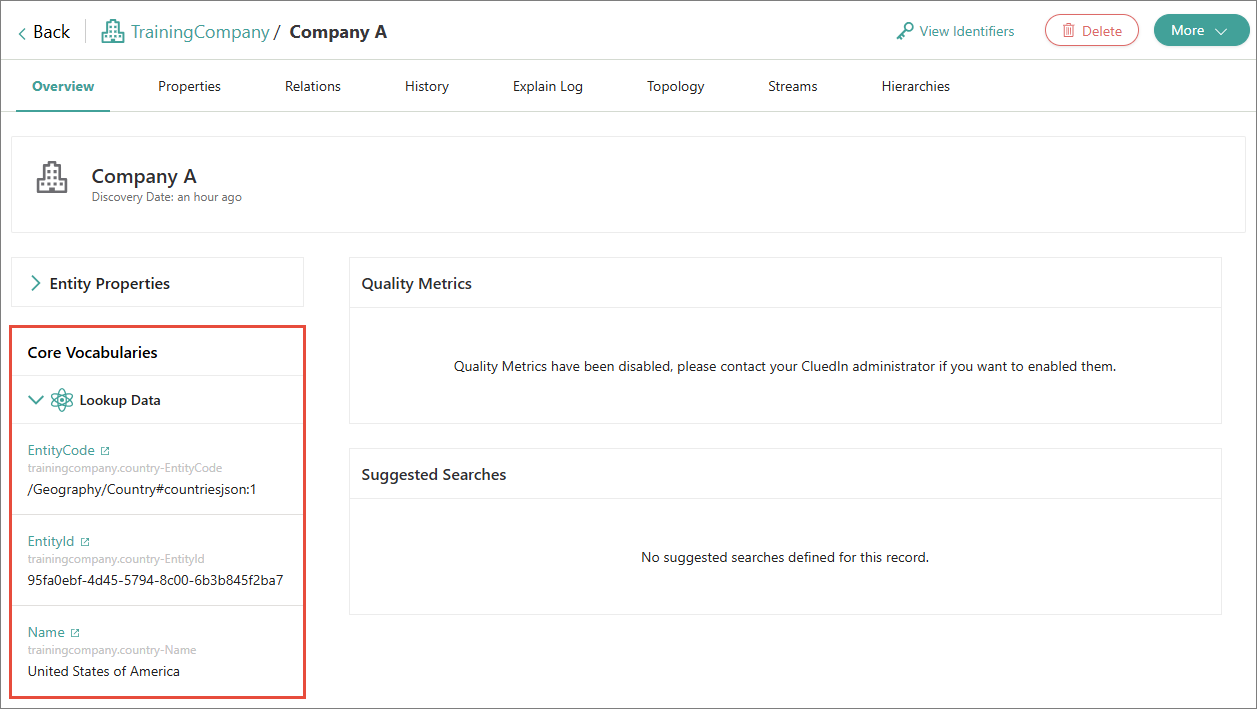 Company golden record Overview page with the Lookup Data vocabulary highlighted, showing EntityCode, EntityId and Name United States of America