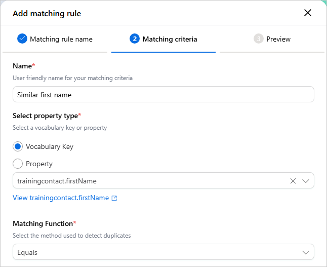 The Matching criteria tab of Add matching rule, with a name, the trainingcontact.firstName vocabulary key and the Equals function