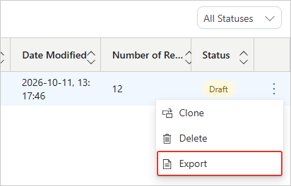 Hierarchy row three-dot menu open with Export highlighted, below the Clone and Delete options