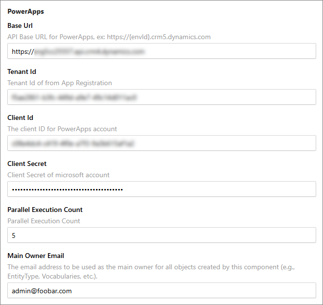 The PowerApps section of CluedIn settings, with Base Url, Tenant Id, Client Id, Client Secret, Parallel Execution Count and Main Owner Email filled in