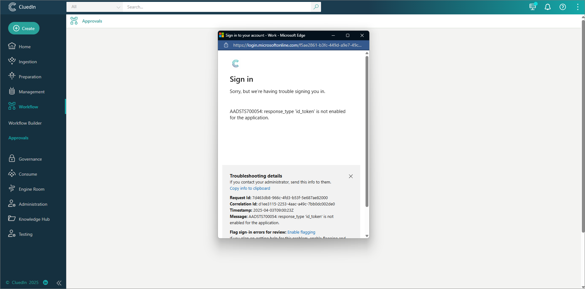 A Microsoft Sign in pop-up over the CluedIn Approvals page, reporting a sign-in error with troubleshooting details
