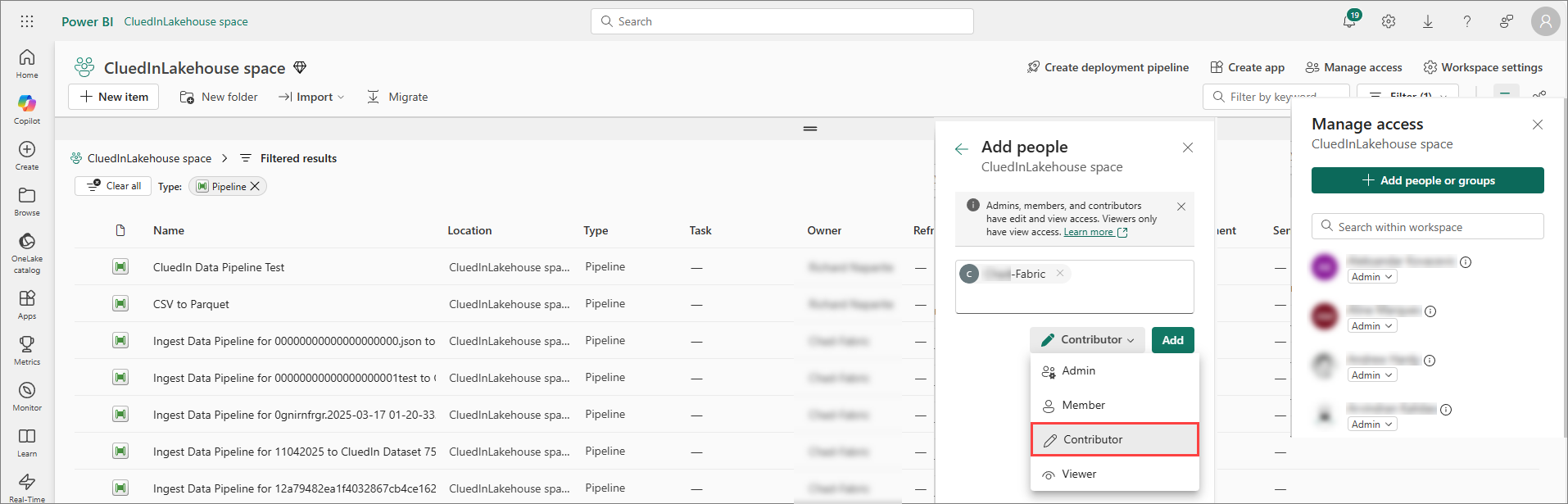 Fabric workspace Manage access pane, adding an identity to the CluedInLakehouse space with the Contributor role highlighted