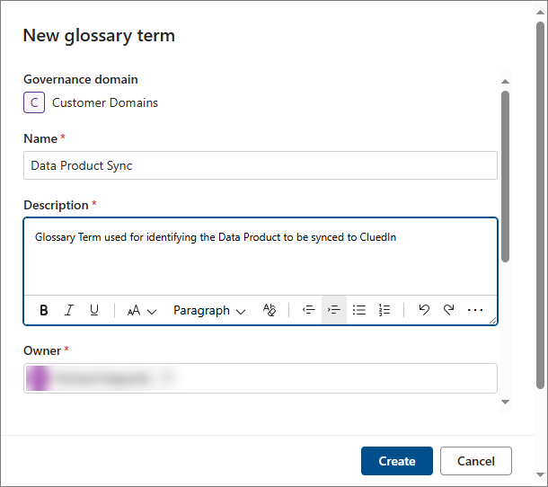 The New glossary term pane for the Customer Domains governance domain, with Name Data Product Sync and a Description