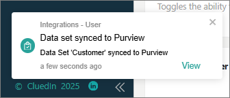 A CluedIn notification: Data set synced to Purview, for the Customer data set