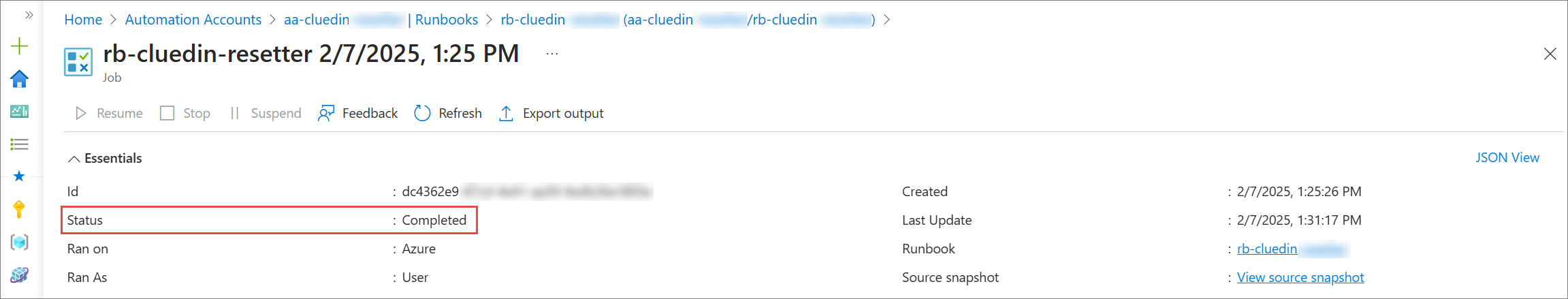 Runbook job page with Status Completed highlighted in the Essentials section