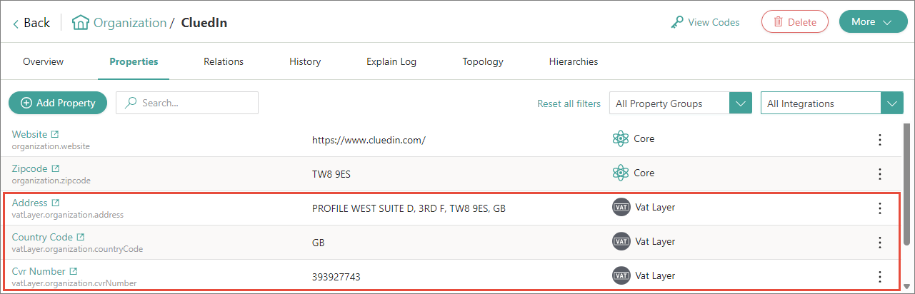 Golden record Properties page with Address, Country Code and Cvr Number properties from the Vat Layer source highlighted